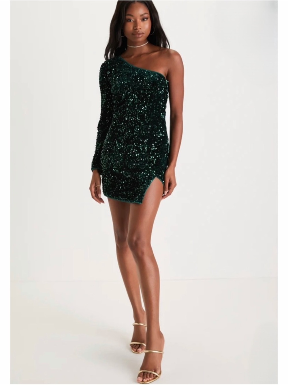 Lulus Emerald Green Sequin Long Sleeve One Shoulder Mini Dress Size M